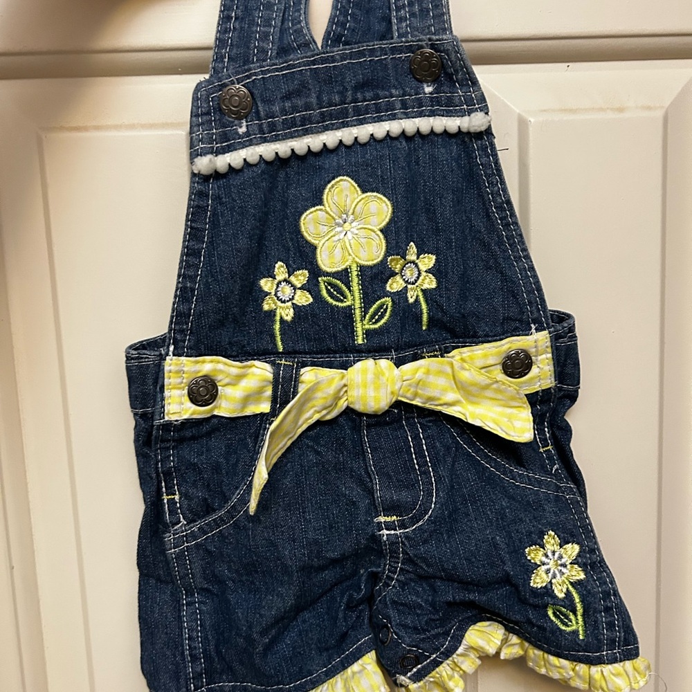 Girls' Denim Floral Embroidered Shortalls with Yellow Accents